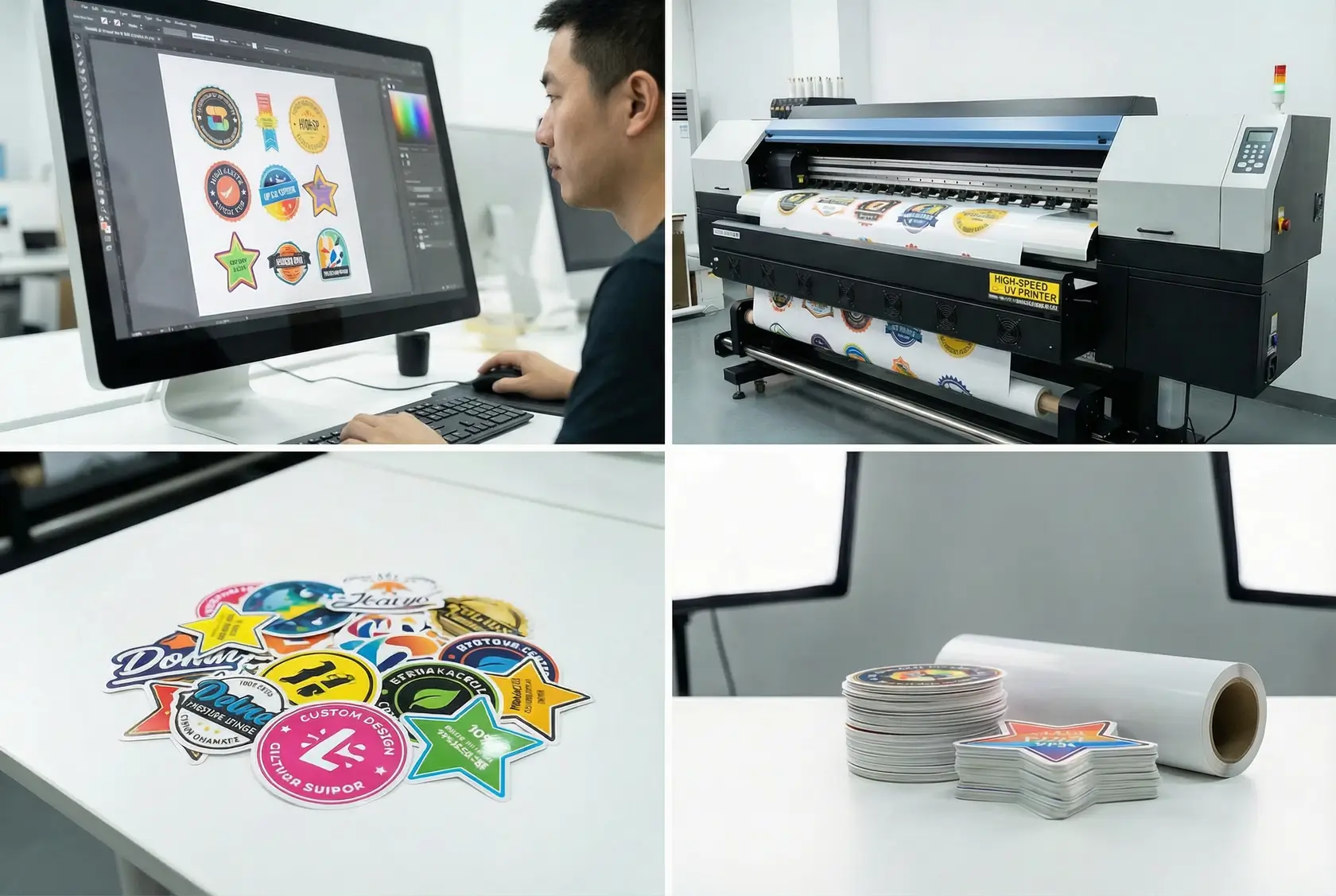 Guia abrangente de serviços de impressão de adesivos personalizados para artistas e empresas Processo de impressão de adesivos personalizados mostrando transformação de design digital para adesivo de vinil acabado