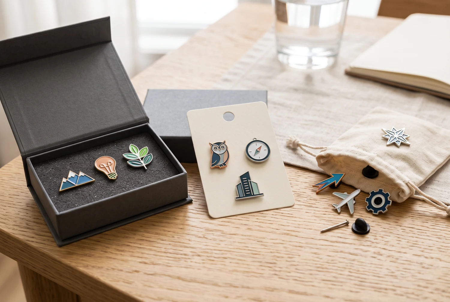 Pins de esmalte sortidos em uma caixa de apresentação aberta, sobre um cartão de suporte e ao lado de uma bolsa de tecido