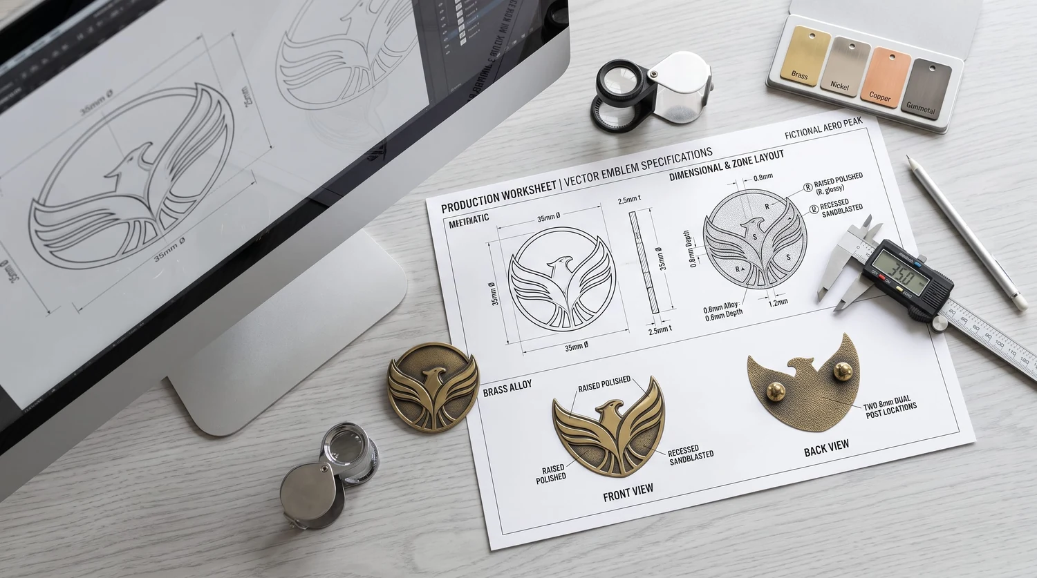 Verificação de pré-produção da arte para pins metálicos cunhados com matriz Verificação de pré-produção da arte vetorial de um pin personalizado cunhado com matriz, com dimensões, zonas de relevo, notas de banho metálico e posições dos pinos
