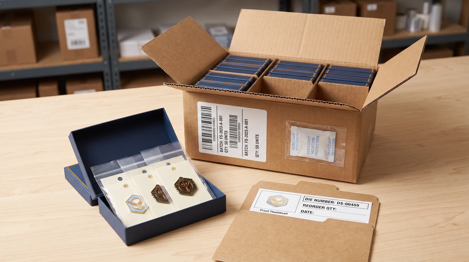 Caixas de apresentação de pins metálicos e caixa de envio em papelão Caixa de apresentação aberta com pins, uma caixa de papelão com caixas azuis e uma pasta de produto identificada