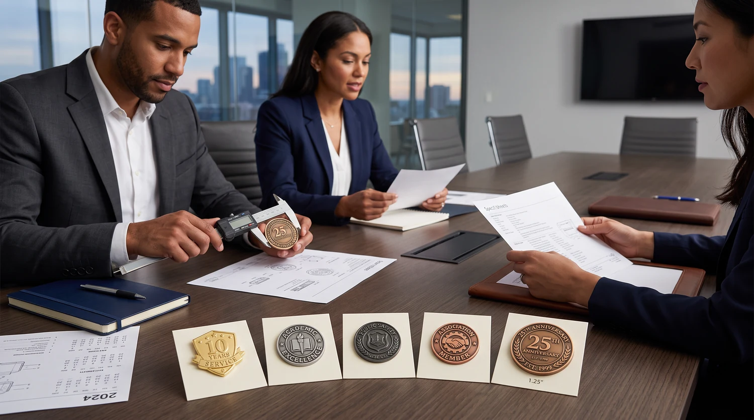 Análise de amostras de pins metálicos em uma reunião Três pessoas analisando amostras de pins metálicos e documentação em uma mesa de reunião