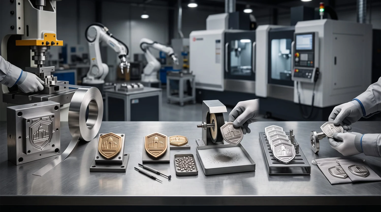 Estações de produção de pins metálicos Estações de trabalho para fabricação de pins, com prensa, matrizes, peças metálicas e trabalhadores com luvas manuseando componentes
