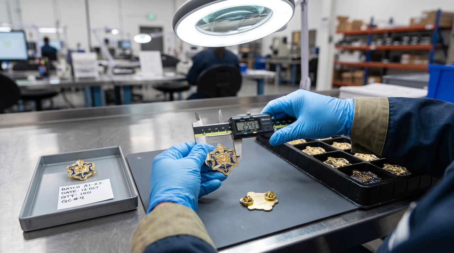 Medição de pin sob lâmpada de aumento Trabalhador de luvas azuis medindo um pin dourado com um paquímetro digital sob uma lâmpada de aumento