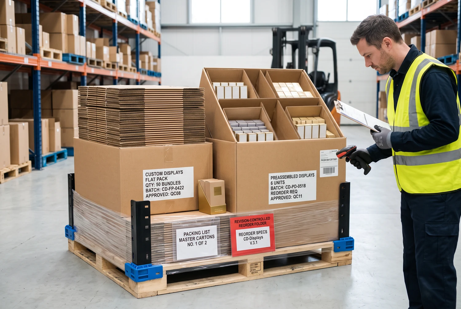 Embalagem, transporte, rastreabilidade de lotes e repetição de pedidos de expositores de balcão Expositores de balcão desmontados e pré-montados preparados para transporte protegido, com registros de novos pedidos e etiquetas de lote