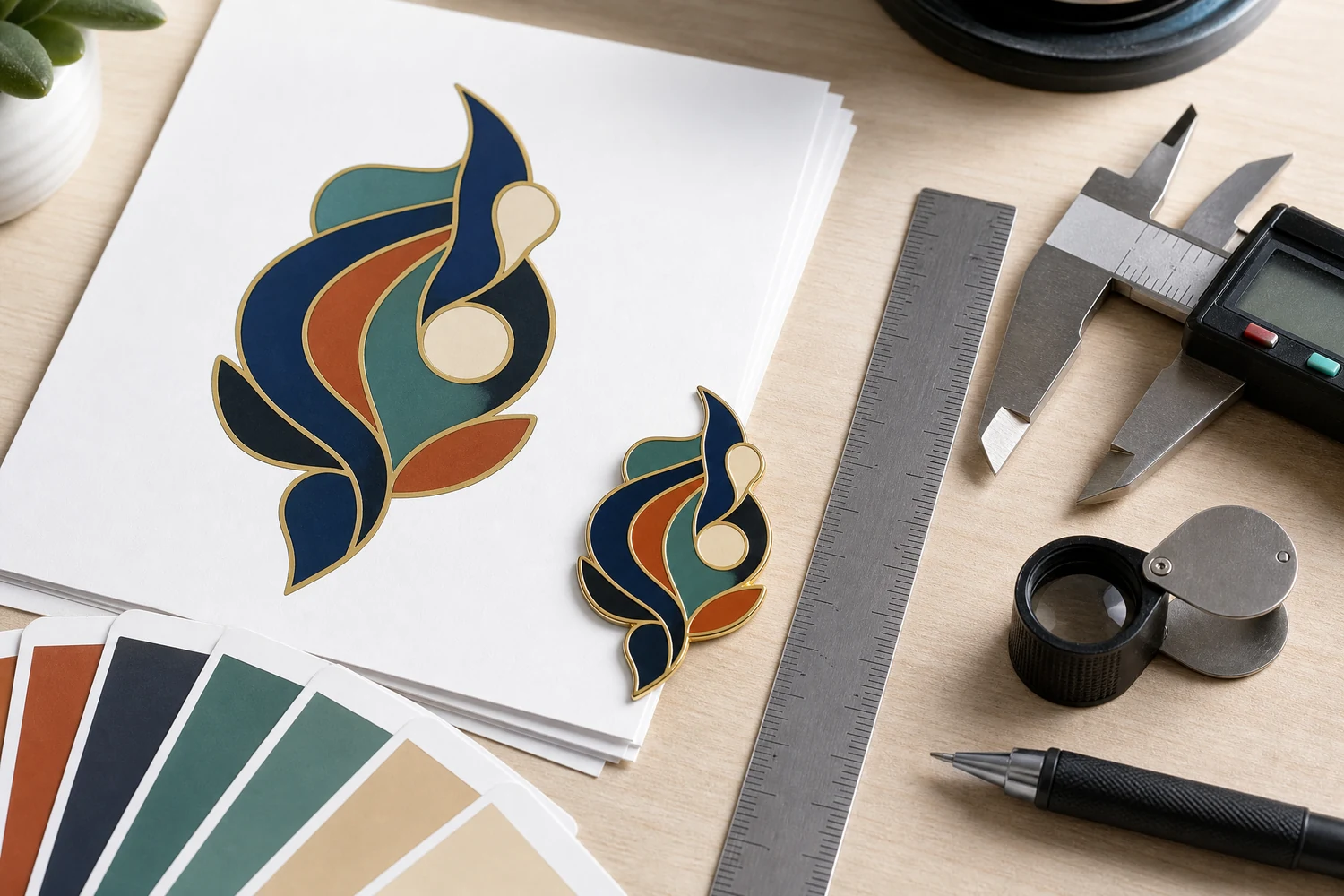 Verificação prévia da arte de produção para pins personalizados de esmalte Designer verificando caminhos vetoriais, indicações Pantone, larguras de linha, tamanho do texto e posições dos pinos antes da produção