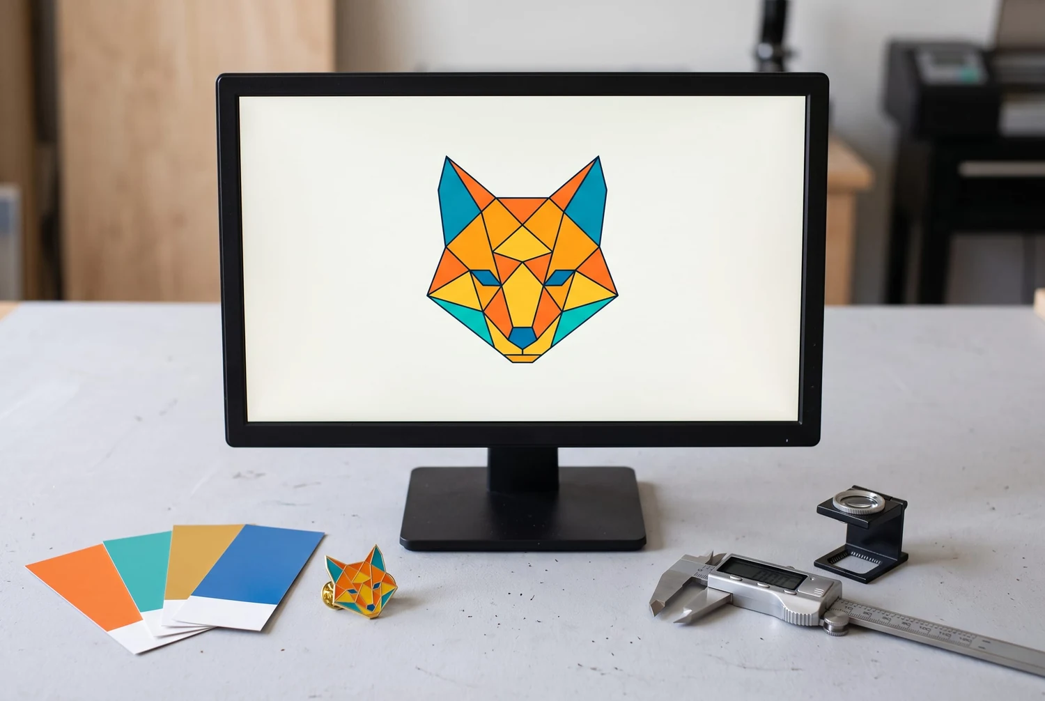 Arte geométrica de uma raposa em um monitor com amostras de cor, um pin correspondente e ferramentas de medição sobre a mesa