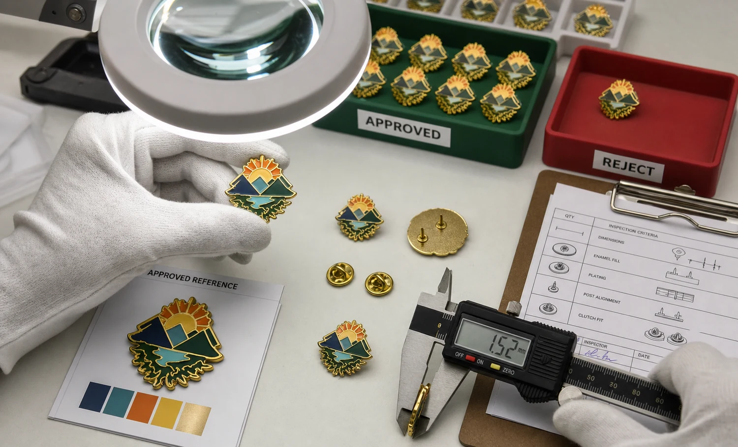 Lista de verificação da inspeção de qualidade de pins personalizados de esmalte Inspetor de qualidade examinando o preenchimento do esmalte, o revestimento, as dimensões, os pinos traseiros e os fechos sob iluminação controlada