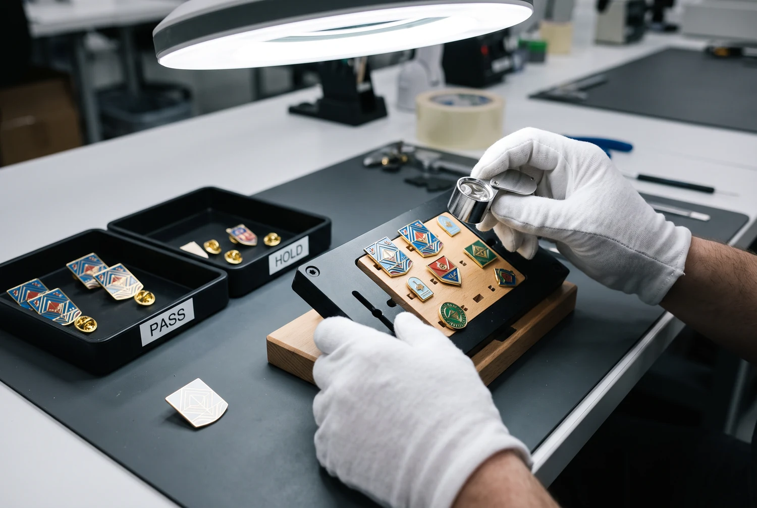 Trabalhador de luvas examinando pins em um cartão com lupa sob a luz, ao lado de bandejas de triagem