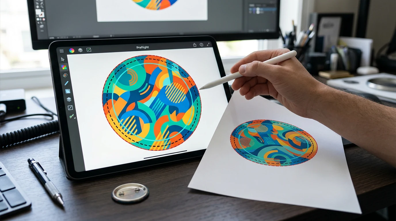 Designer verificando arte de botton personalizado quanto à resolução de 300 DPI, cor CMYK, sangria, área segura e número de revisão