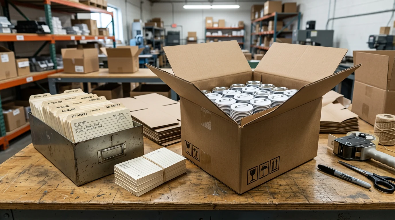 Preparação de embalagem, transporte, fulfillment e reposição Bottons personalizados separados por design em sacos protetores e caixas etiquetadas para transporte, fulfillment e reposição fácil