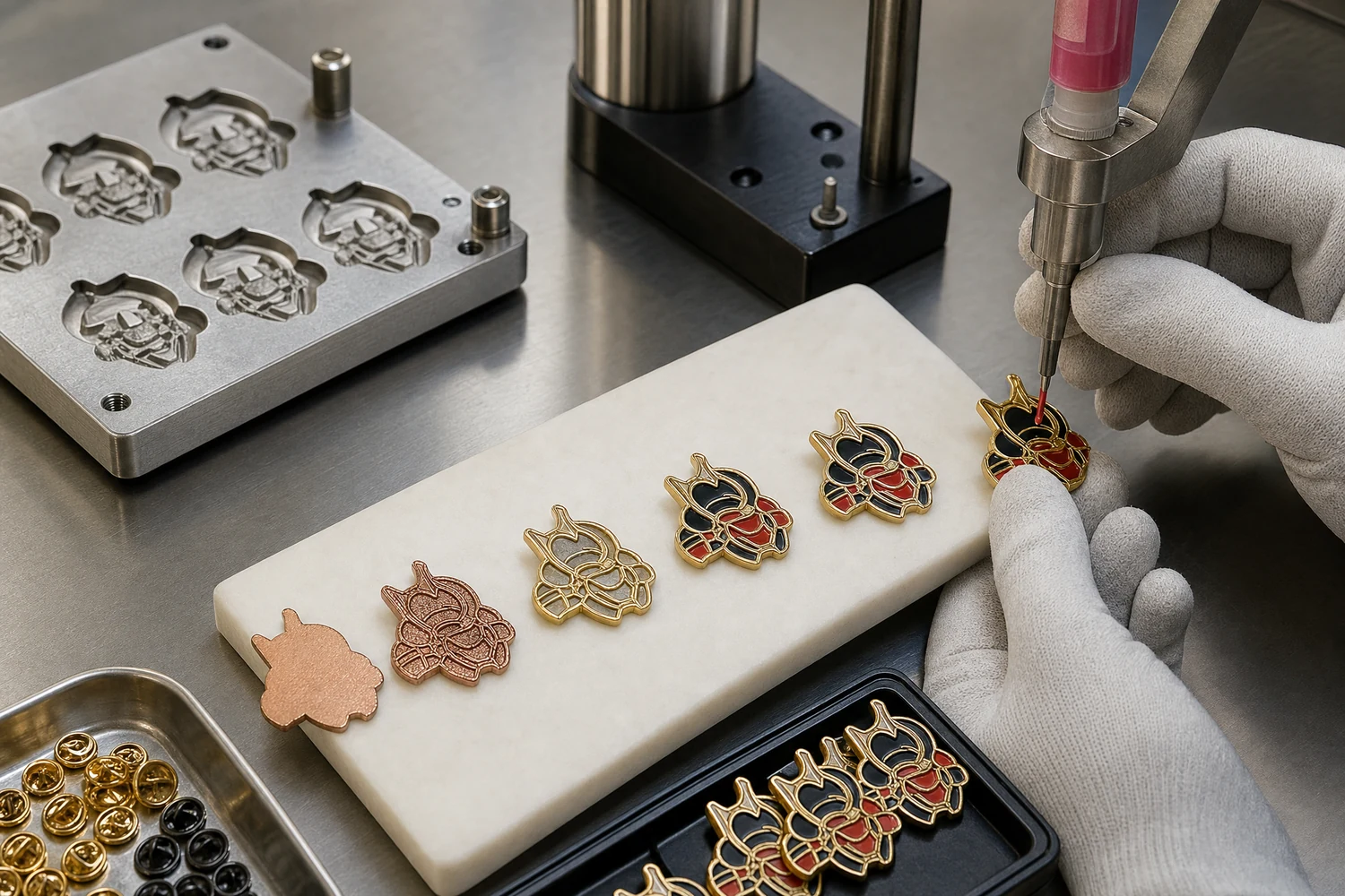 Fluxo de produção em fábrica de pins de esmalte macio Sequência de produção em fábrica de pins de esmalte macio, das ferramentas e do revestimento metálico ao preenchimento de cor e à cura