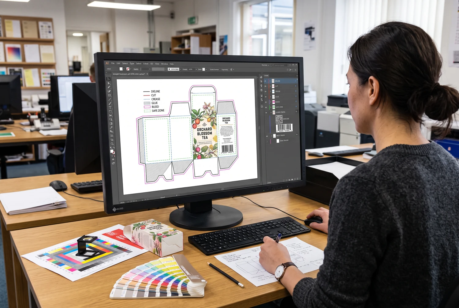 Designer visualizando o dieline de um cartucho impresso em um monitor, ao lado de amostras de cores