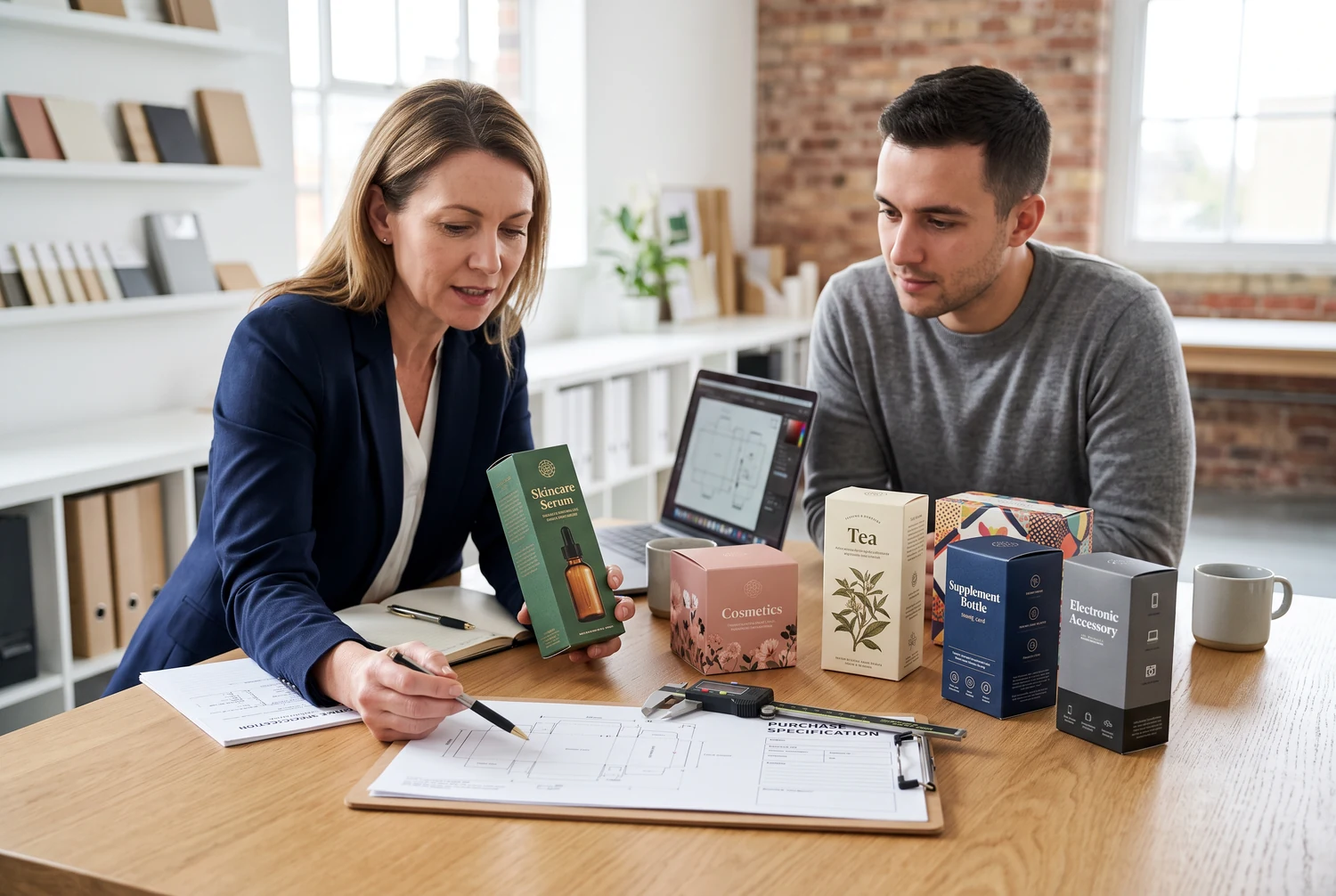 Equipe de compras analisando aplicações de caixas personalizadas com abas de encaixe no mesmo sentido para cosméticos, alimentos, suplementos e eletrônicos