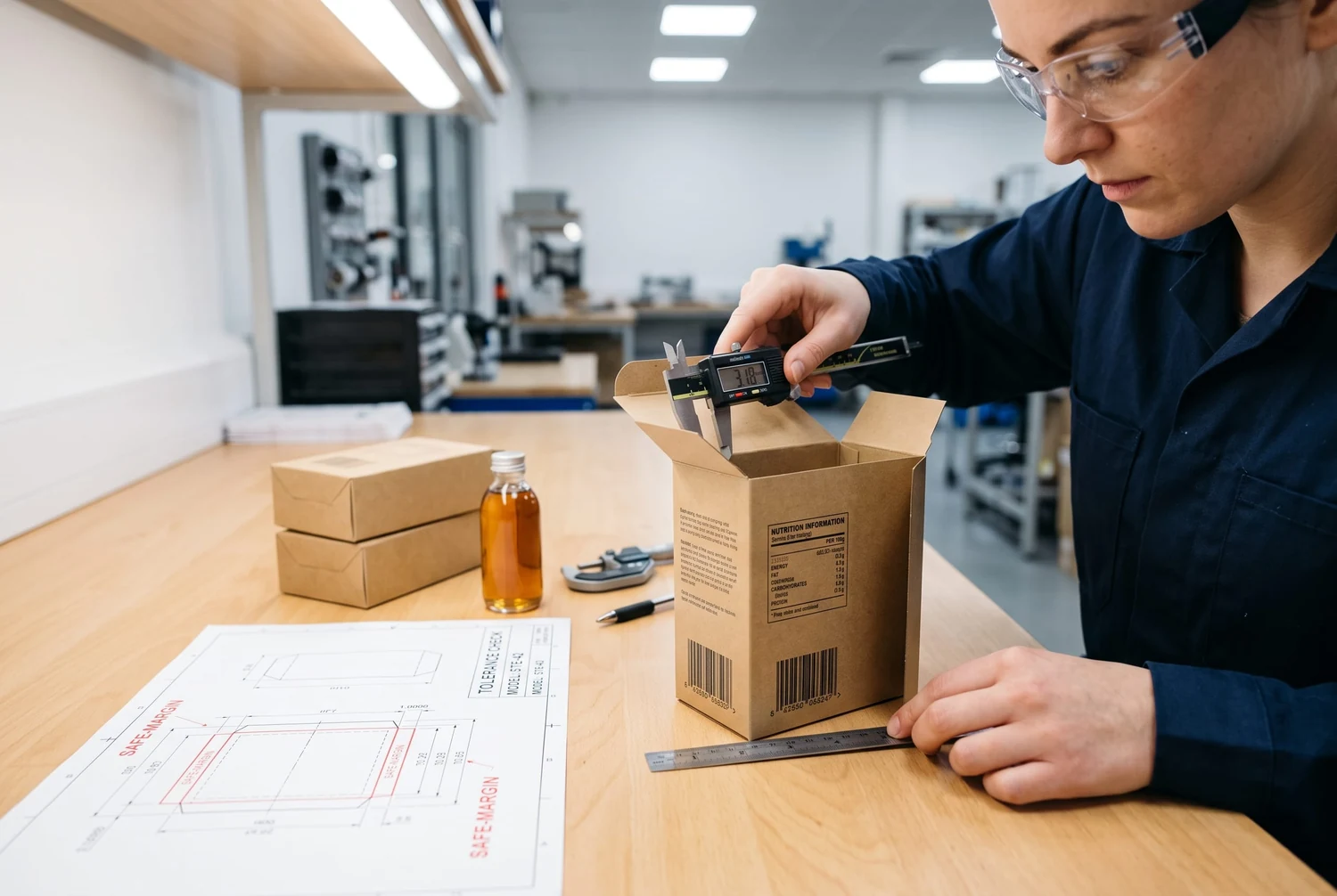 Engenheiro de embalagens medindo o encaixe do produto e verificando a legibilidade do código de barras e do rótulo em um cartucho com abas de encaixe no mesmo sentido