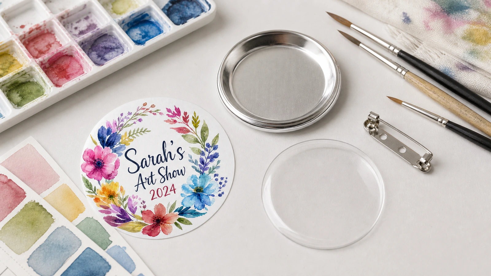 Cenários de compra e aplicação de bottons personalizados Bottons personalizados organizados para exposição, programa escolar, arrecadação e mostra de produtos de artista