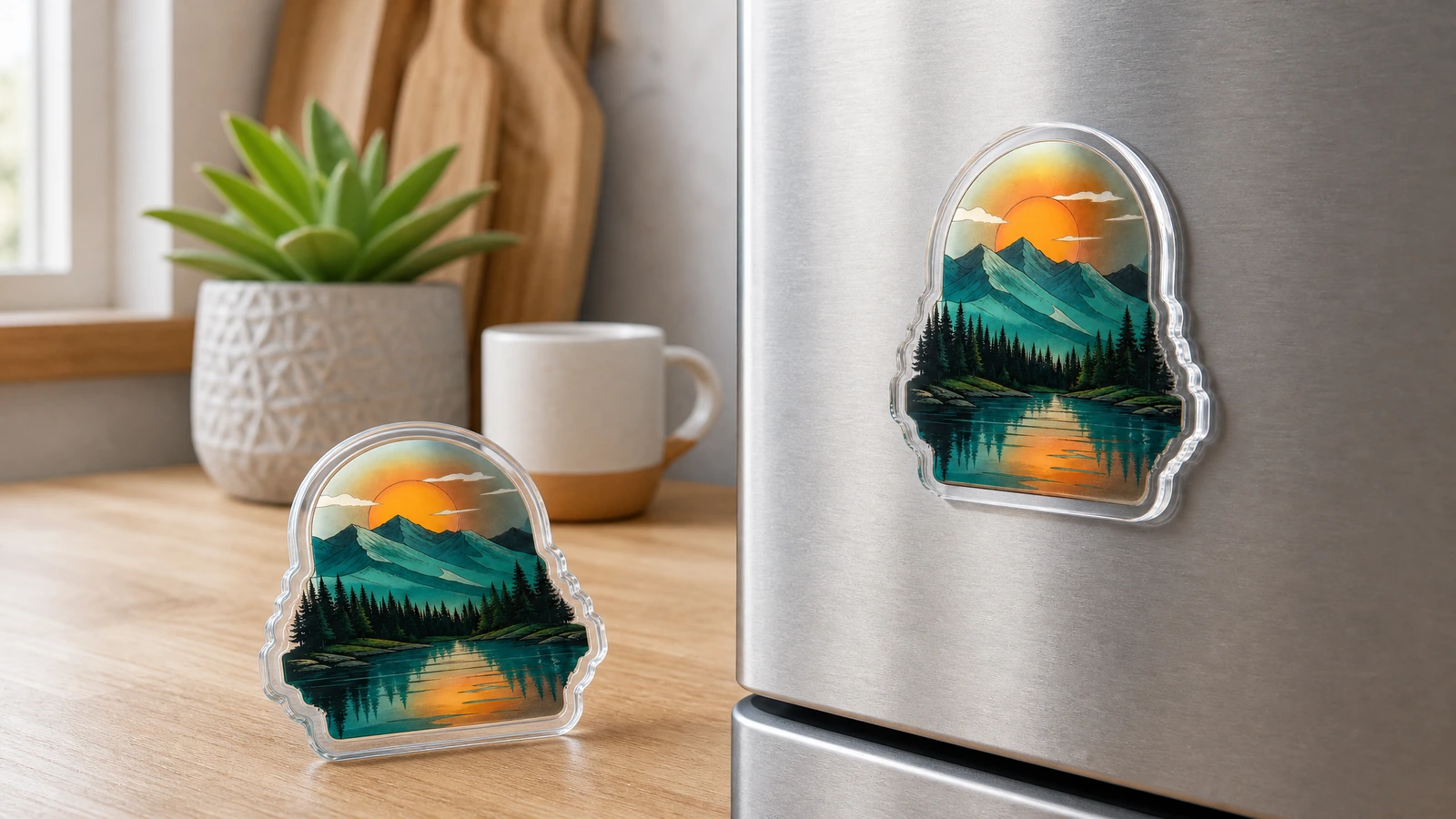 Ímãs de acrílico paisagem exibidos em um balcão e em uma geladeira