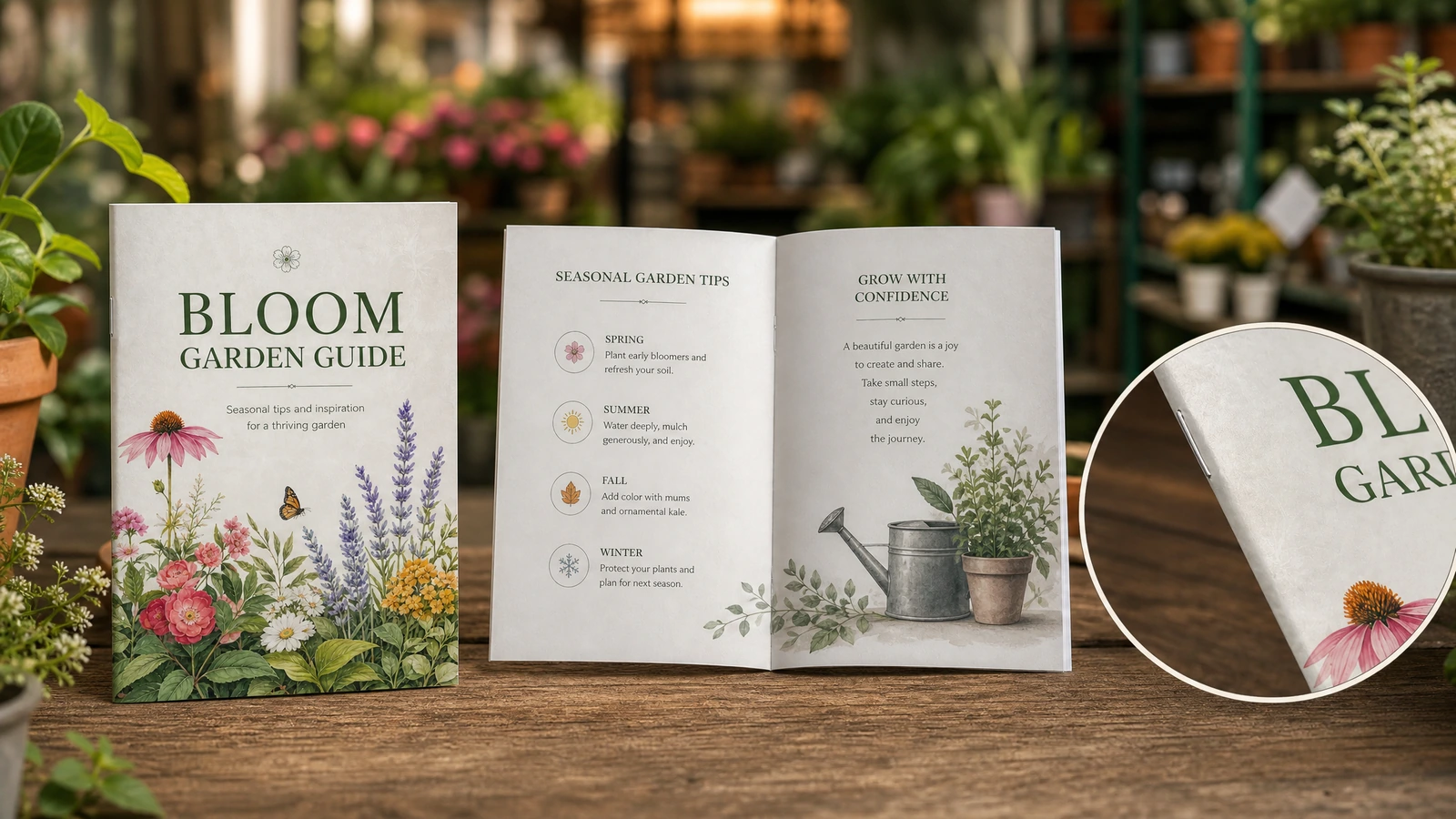 Exposição do livreto do guia de jardinagem e detalhe de página Livreto do guia de jardinagem com capa e miolo abertos, com detalhe ampliado da borda das páginas