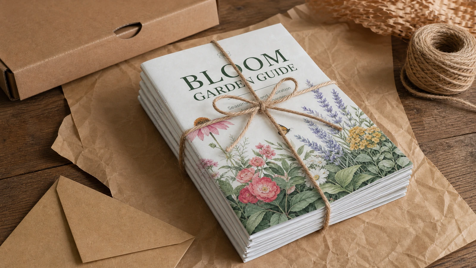 Maço de livretos do guia de jardinagem e caixa de envio Pilha de livretos do guia de jardinagem amarrada com barbante ao lado de uma caixa de correio marrom