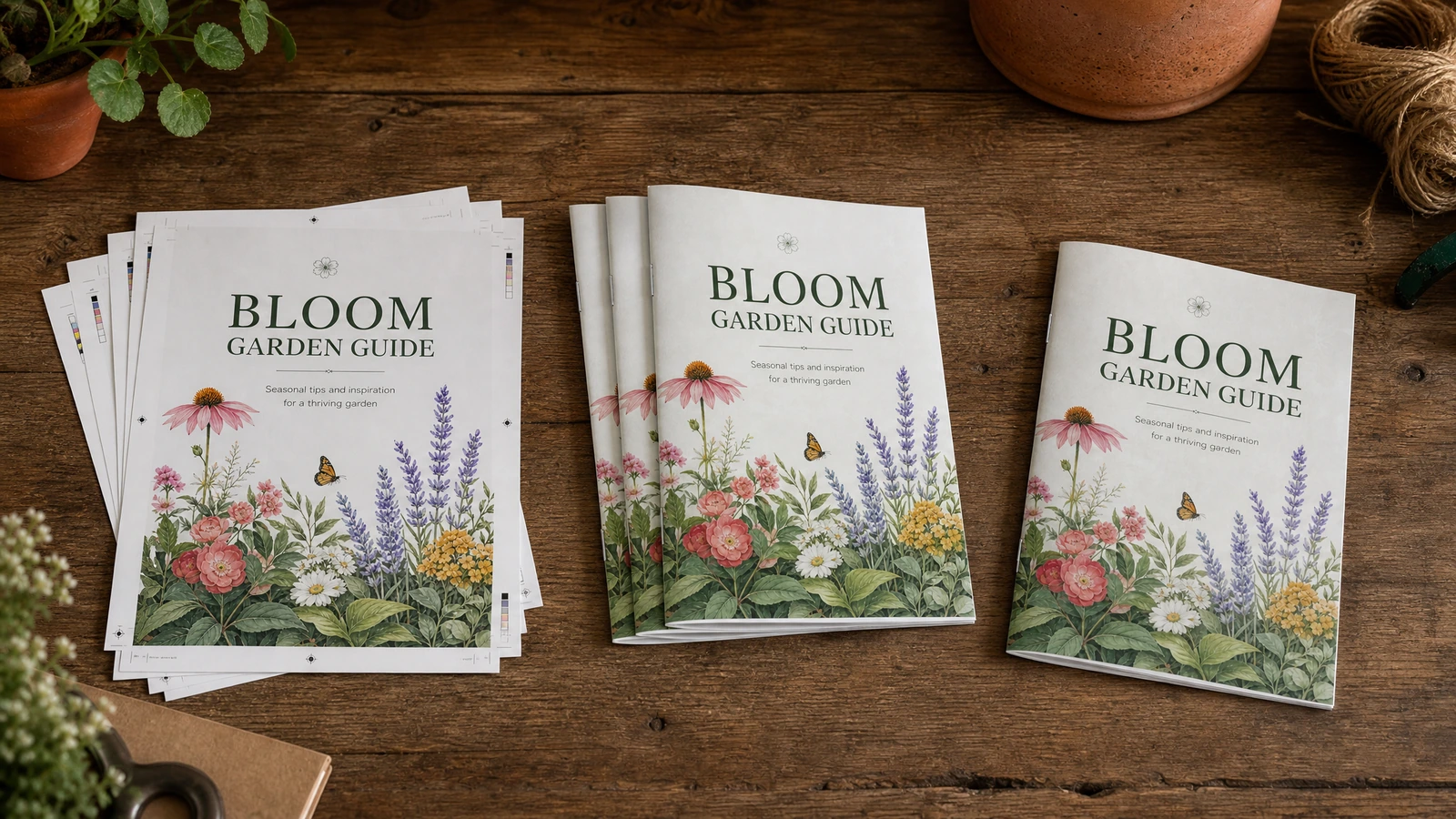 Folhas do guia de jardinagem e exemplares acabados Folhas impressas do guia de jardinagem, uma pilha de livretos e um livreto acabado sobre uma mesa