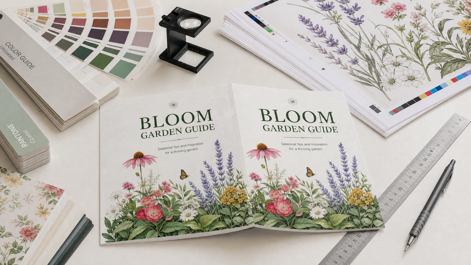 Materiais de planejamento de impressão do guia de jardinagem Capas e folhas impressas do guia de jardinagem ao lado de amostras de cor, uma régua e uma lupa de impressão
