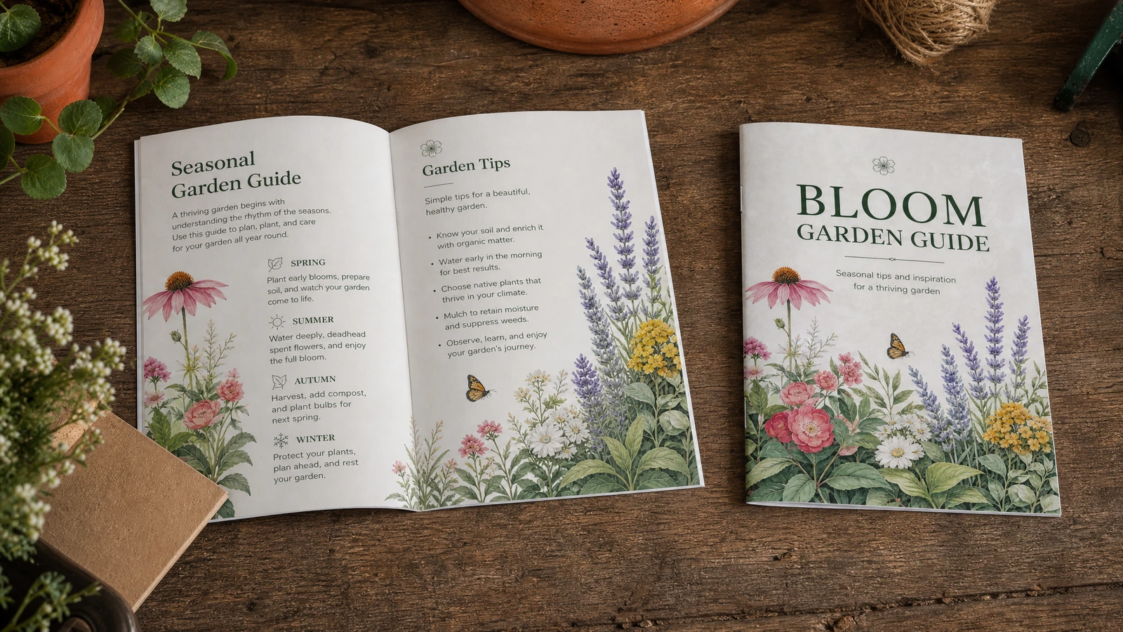 Capa e miolo do guia de jardinagem Livreto do guia de jardinagem exibido aberto ao lado da capa floral sobre uma mesa de madeira