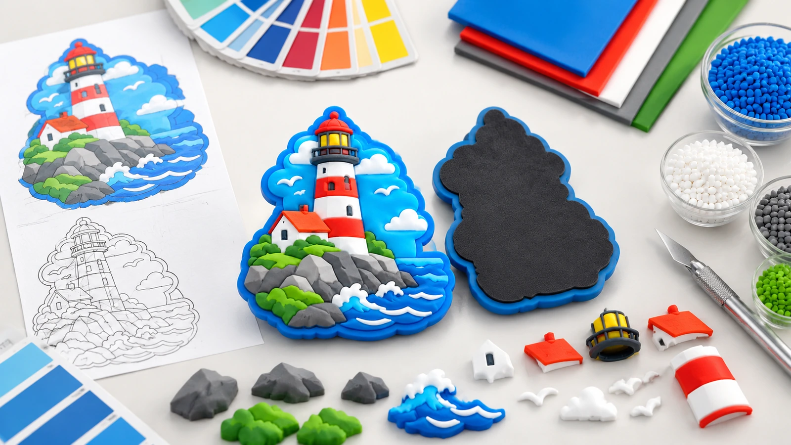 Design do ímã em forma de farol e ilustração dos componentes Ímã ilustrativo em forma de farol com arte, amostras de cor, verso preto e peças decorativas separadas