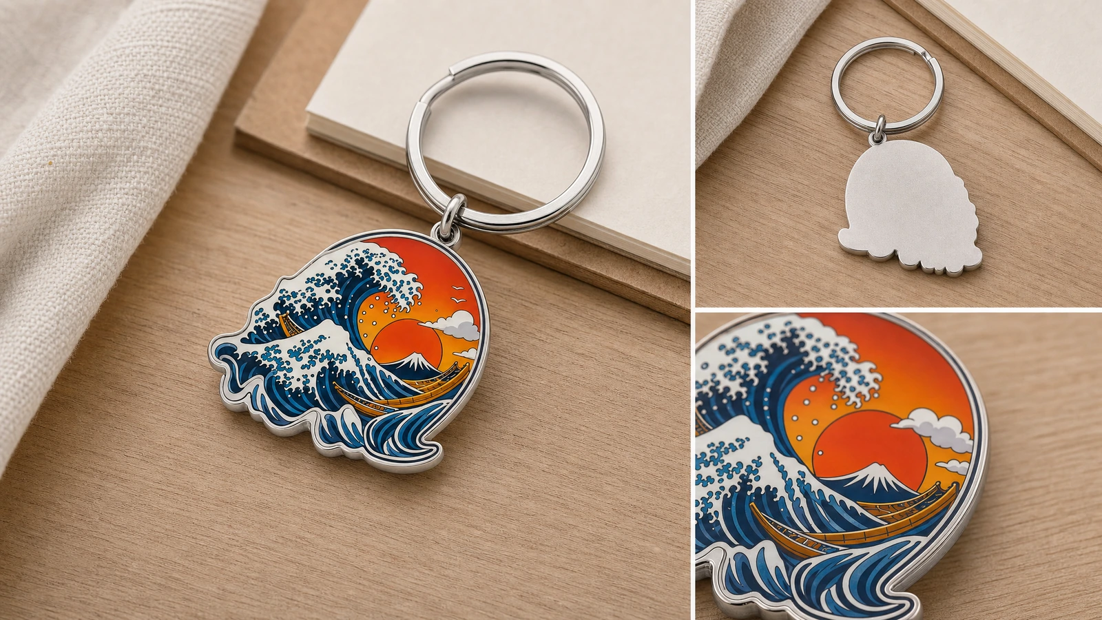 Colagem de um chaveiro com desenho de ondas, seu verso liso e um close-up da arte colorida
