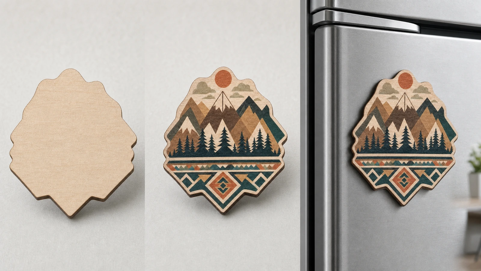 Sequência ilustrativa mostrando uma forma simples de madeira, uma face decorada e a colocação em uma geladeira