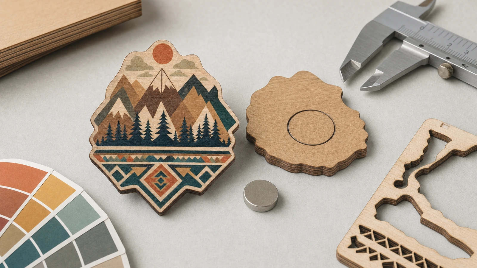 Ilustração de ímã de madeira com design de montanha, peça traseira, ímã solto e paquímetro sobre uma superfície de trabalho
