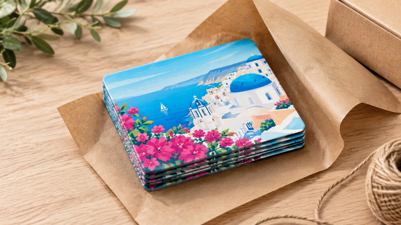 Uma pilha organizada de ímãs de geladeira com design de praia sobre papel pardo, ao lado de uma caixa de papelão