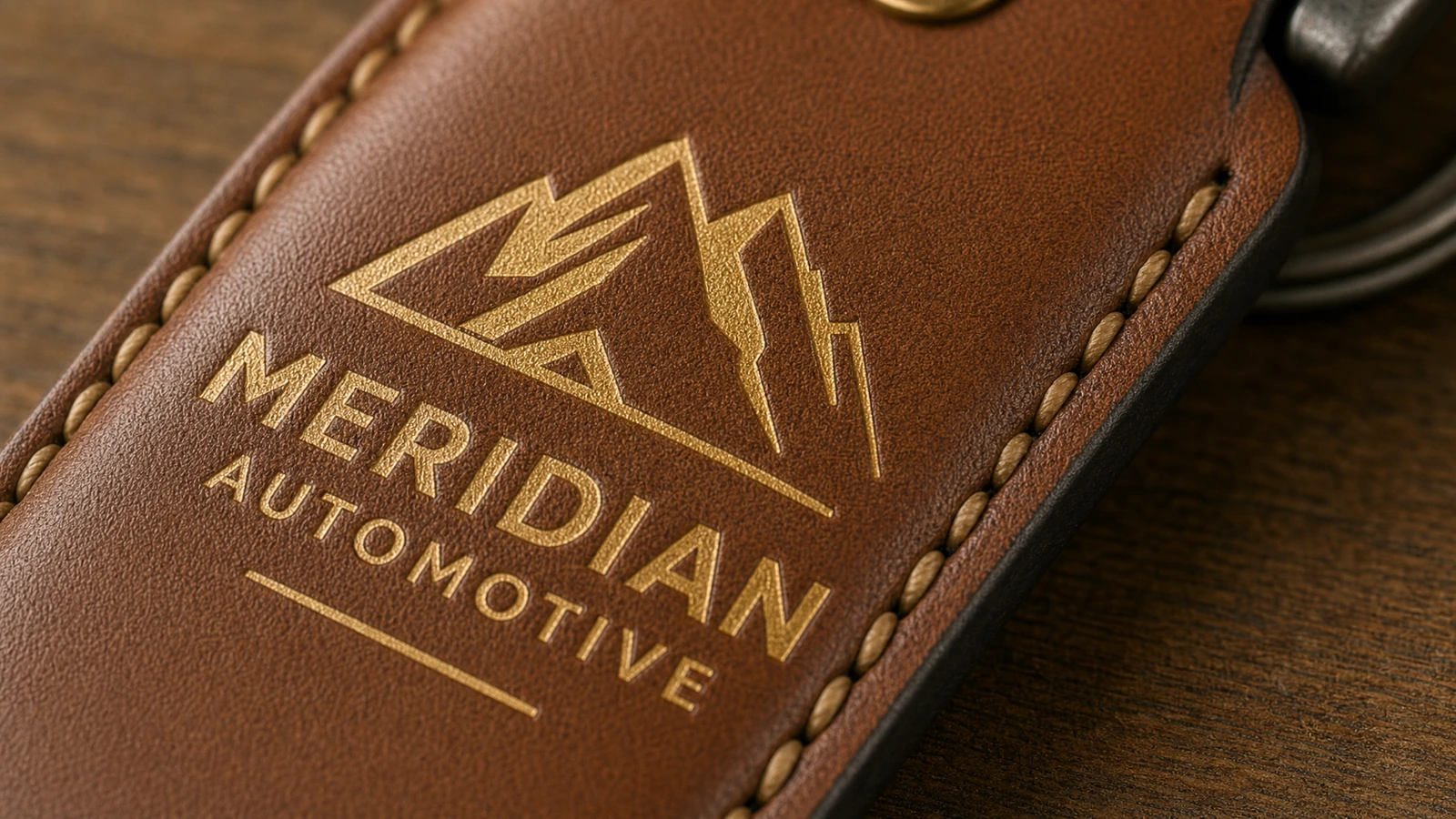Detalhe de chaveiro marrom com marca Close-up de um chaveiro marrom costurado, com emblema de montanha em tom dourado e as letras Meridian Automotive