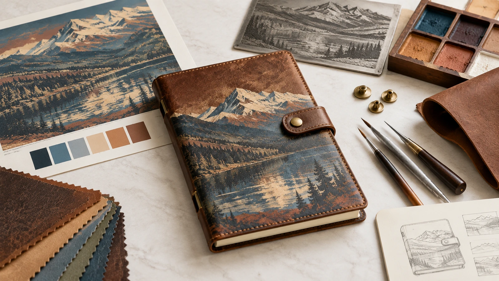 Caderno ilustrativo marrom com estampa de montanhas ao lado de arte final, amostras de materiais e ferramentas de desenho