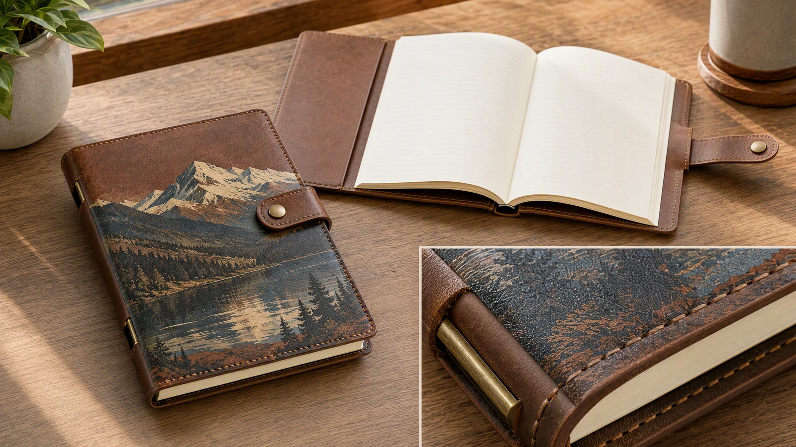 Caderno fechado ilustrativo com estampa de montanhas ao lado de um miolo aberto no estilo de livro, com detalhe ampliado de borda costurada