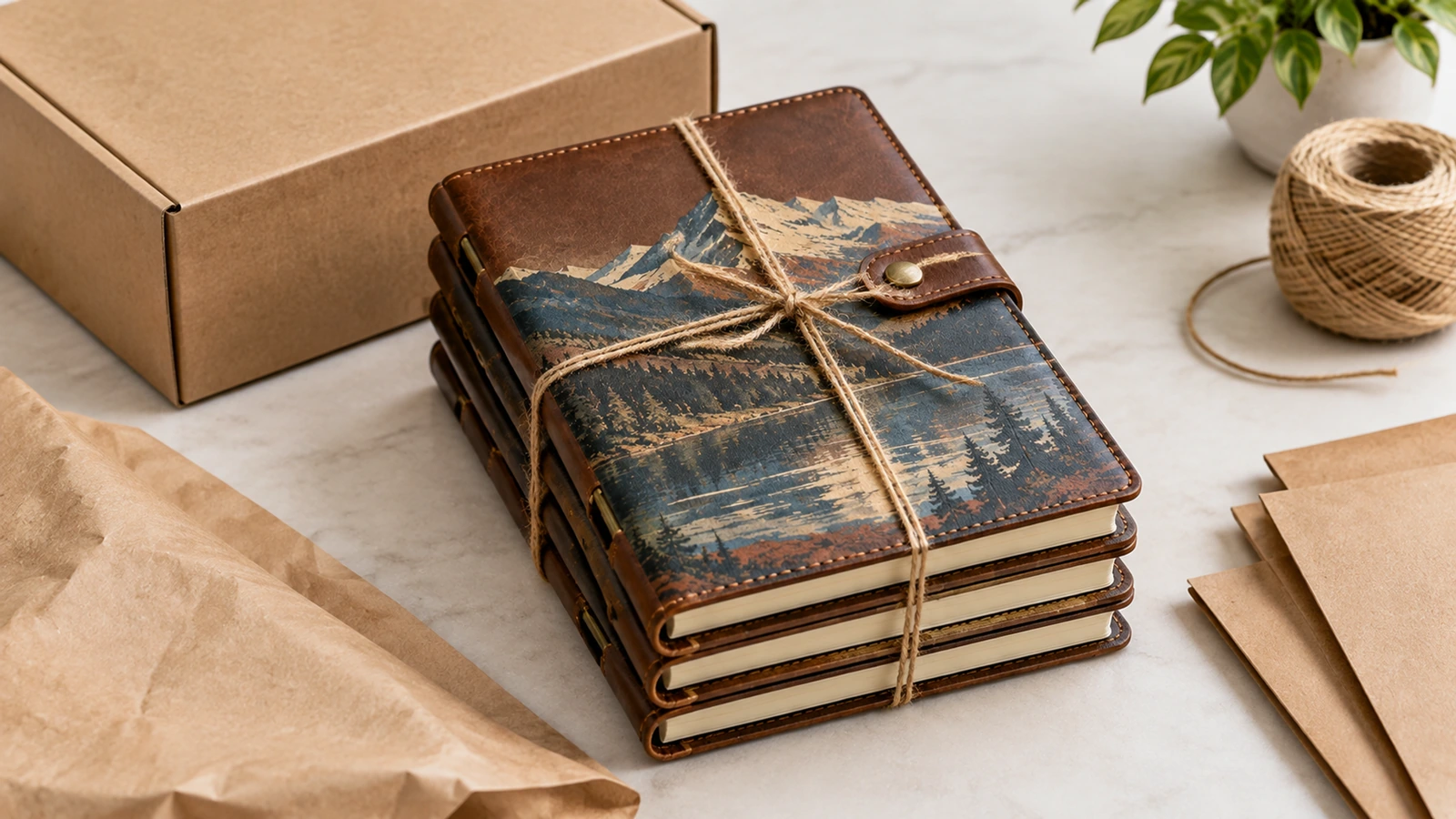 Pilha ilustrativa de cadernos com estampa de montanhas amarrados com barbante, ao lado de uma caixa de papelão e papel de embalagem