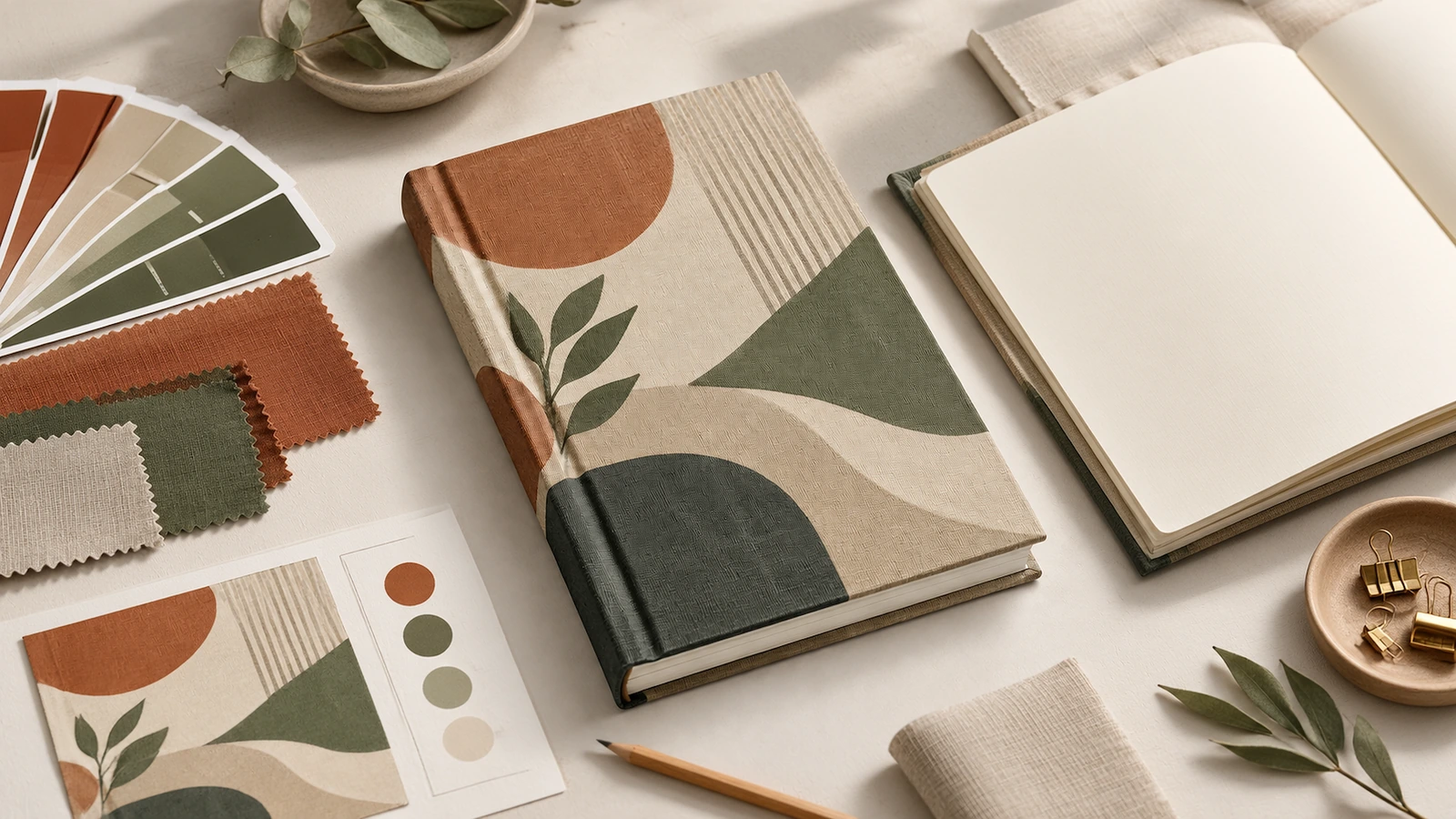 Conceito de design de caderno com capa de tecido Caderno ilustrativo com capa de tecido estampado e caderno aberto em branco ao lado de amostras de tecido e referências de cor