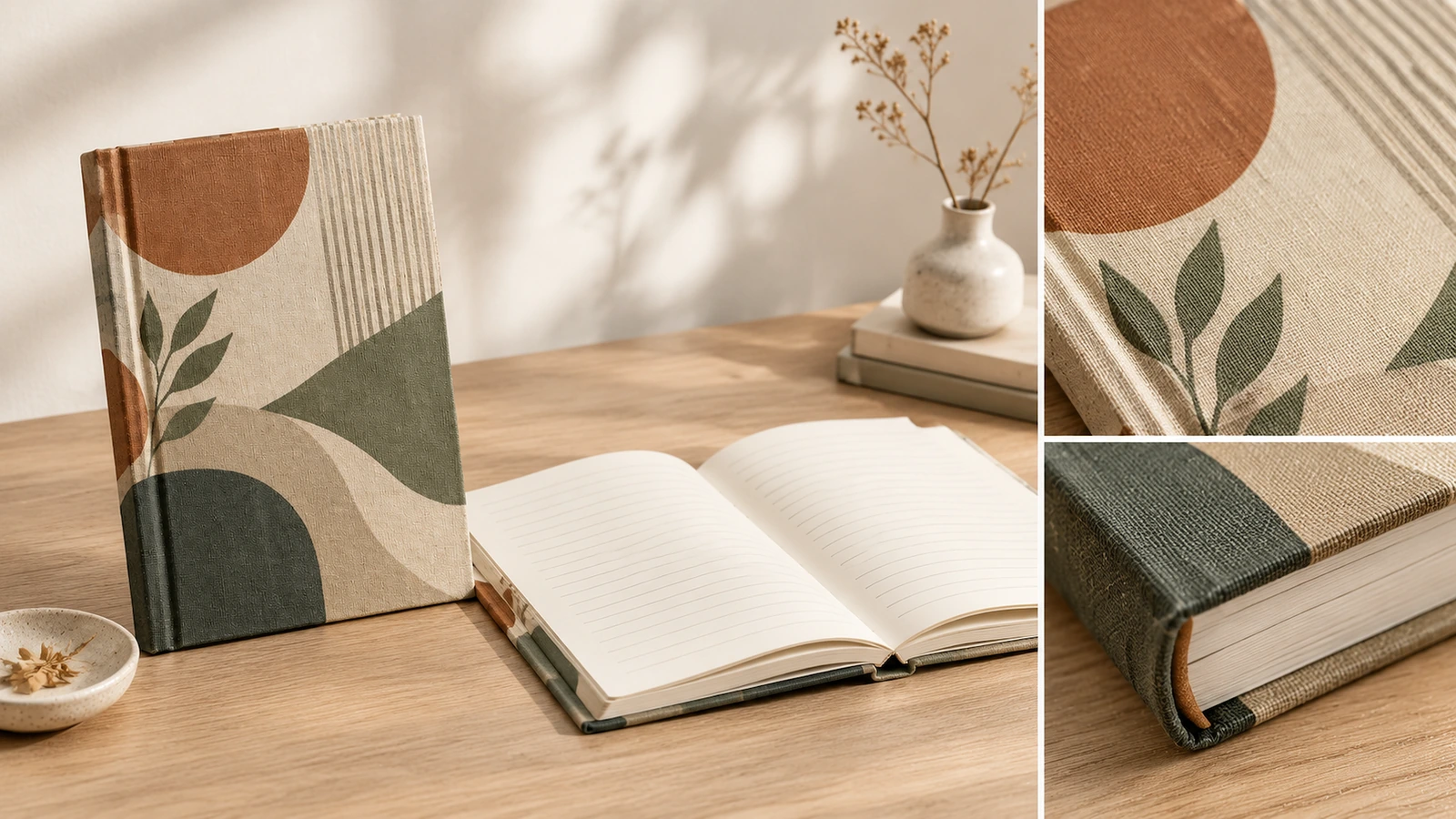 Detalhe da capa, do miolo e do tecido do caderno Caderno em pé e páginas pautadas abertas, ilustrativos, com close-ups da textura do tecido e de um canto da capa