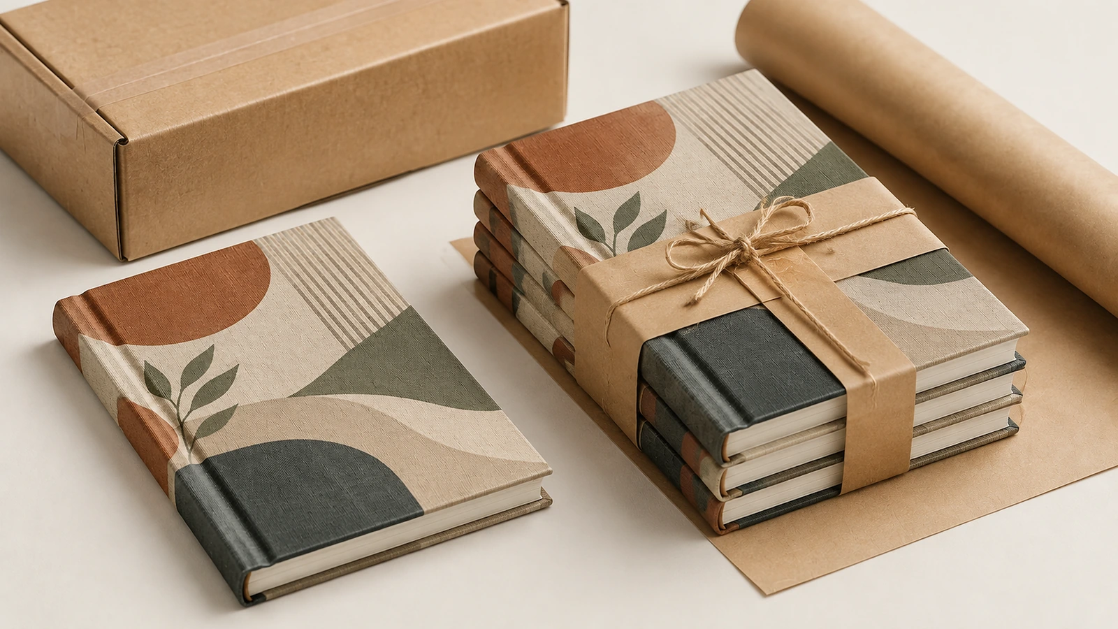 Cadernos com materiais de embalagem kraft Pilha de cadernos ilustrativa com faixas kraft e barbante ao lado de uma caixa de papelão e papel de embalagem