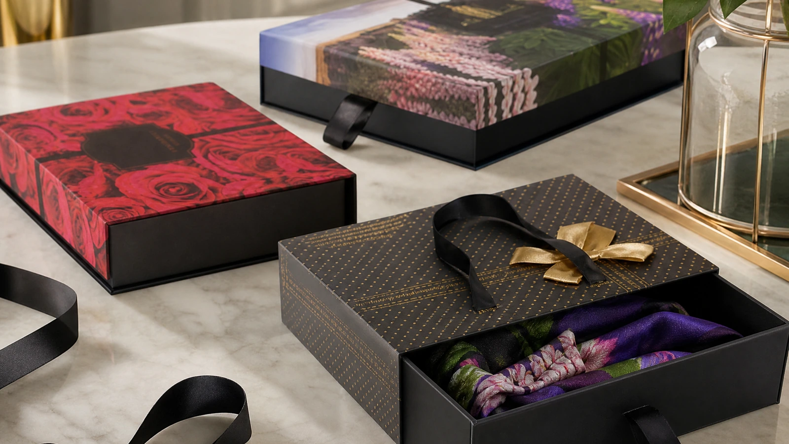 Caixas estilo gaveta com estampa floral e decoração em fita, incluindo uma bandeja aberta com tecido por dentro