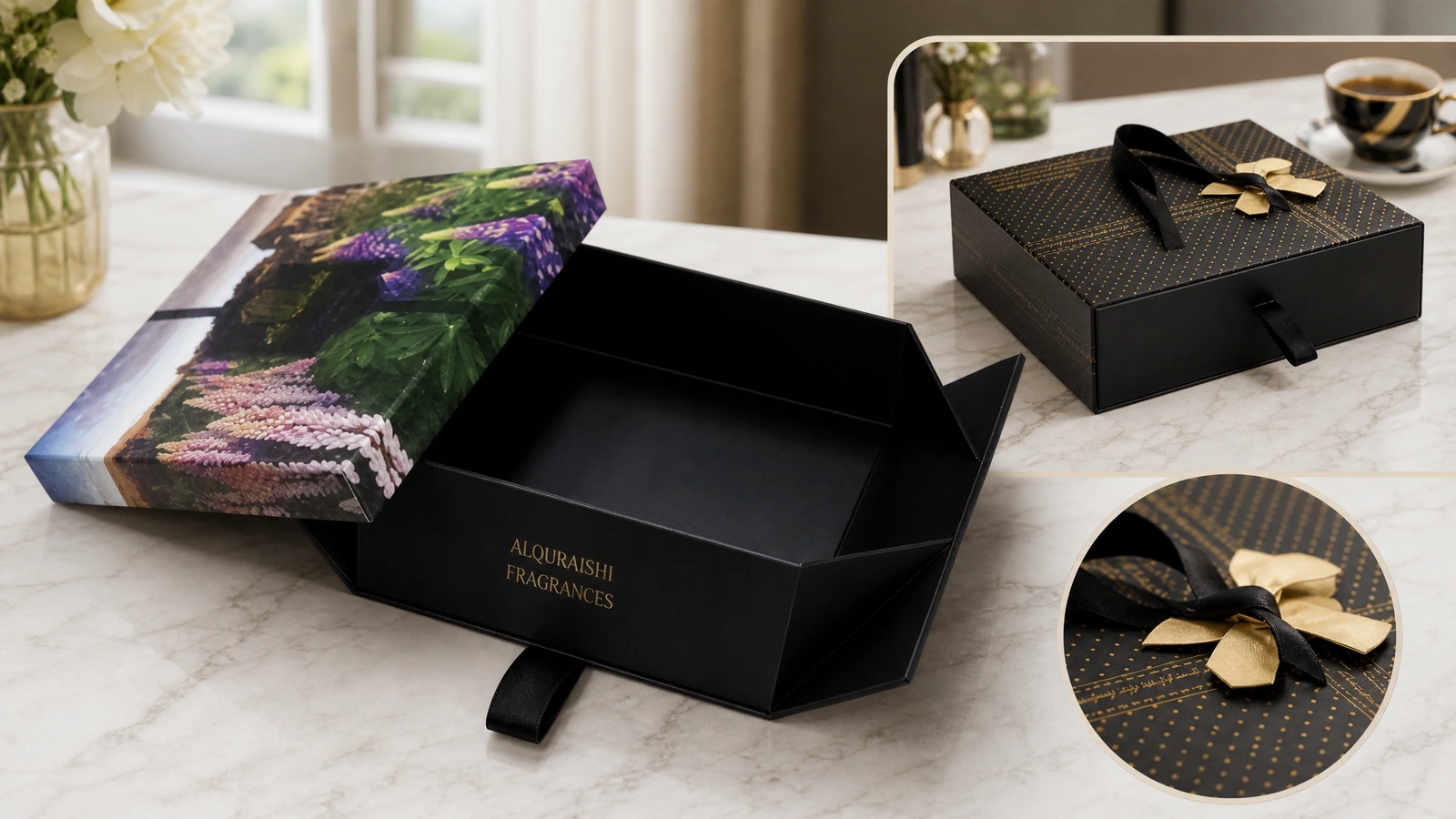 Colagem de uma caixa estilo gaveta aberta com estampa floral, uma caixa decorada com fita e um detalhe de laço