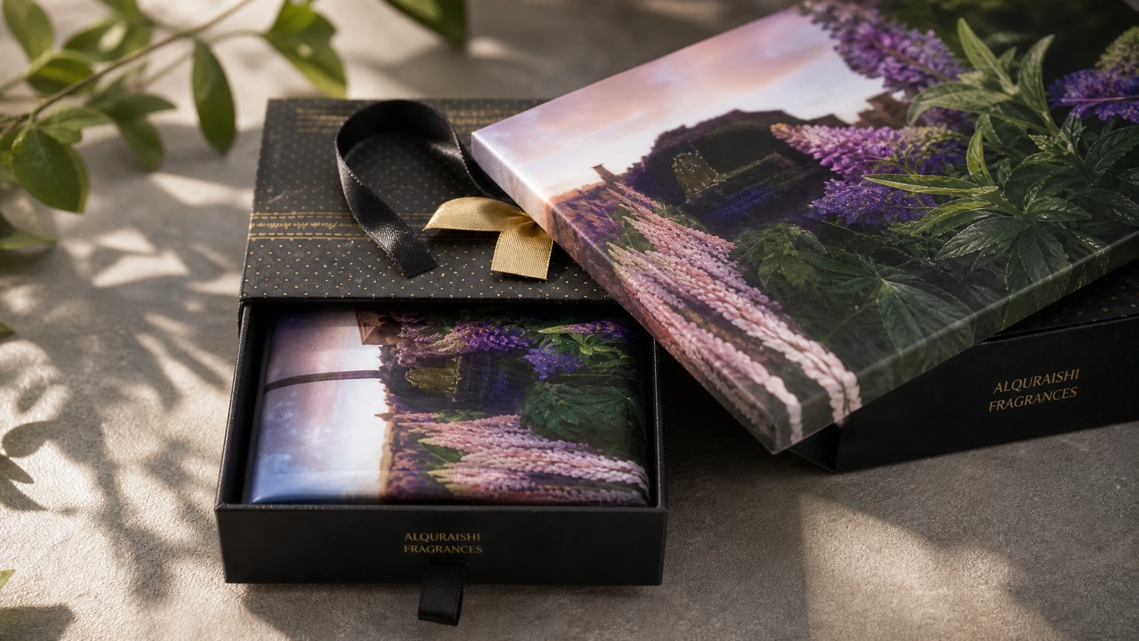 Caixa de presente estilo gaveta aberta com estampa floral e um item impresso combinando por dentro