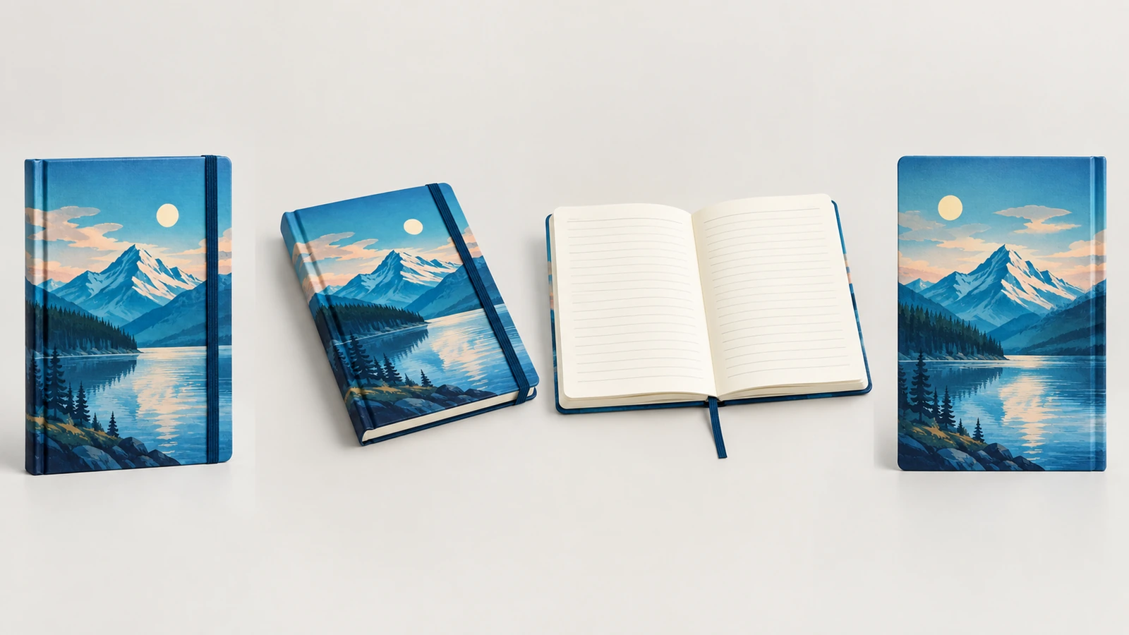 Vistas do caderno de capa dura e marcador de fita Vistas ilustrativas de caderno em pé, fechado e aberto, com marcador de fita