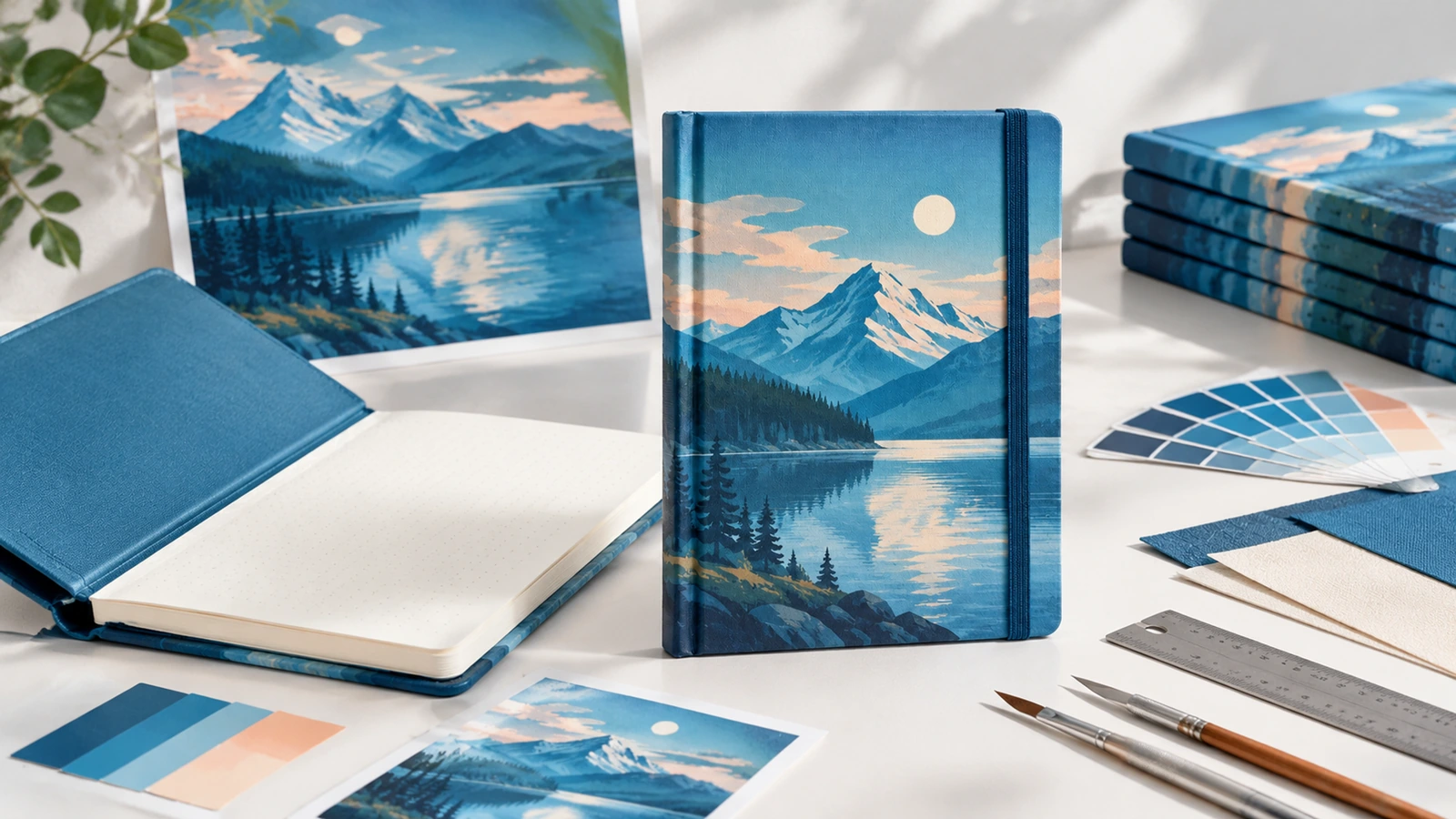Conceitos de design de cadernos de capa dura Exemplos ilustrativos de cadernos de capa dura com paisagem de lago de montanha, ao lado de arte impressa, amostras de cor e ferramentas de design