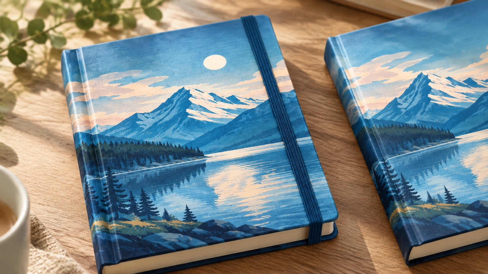 Cadernos de capa dura impressos Ilustração de cadernos de capa dura com paisagem de lago de montanha sobre uma mesa de madeira