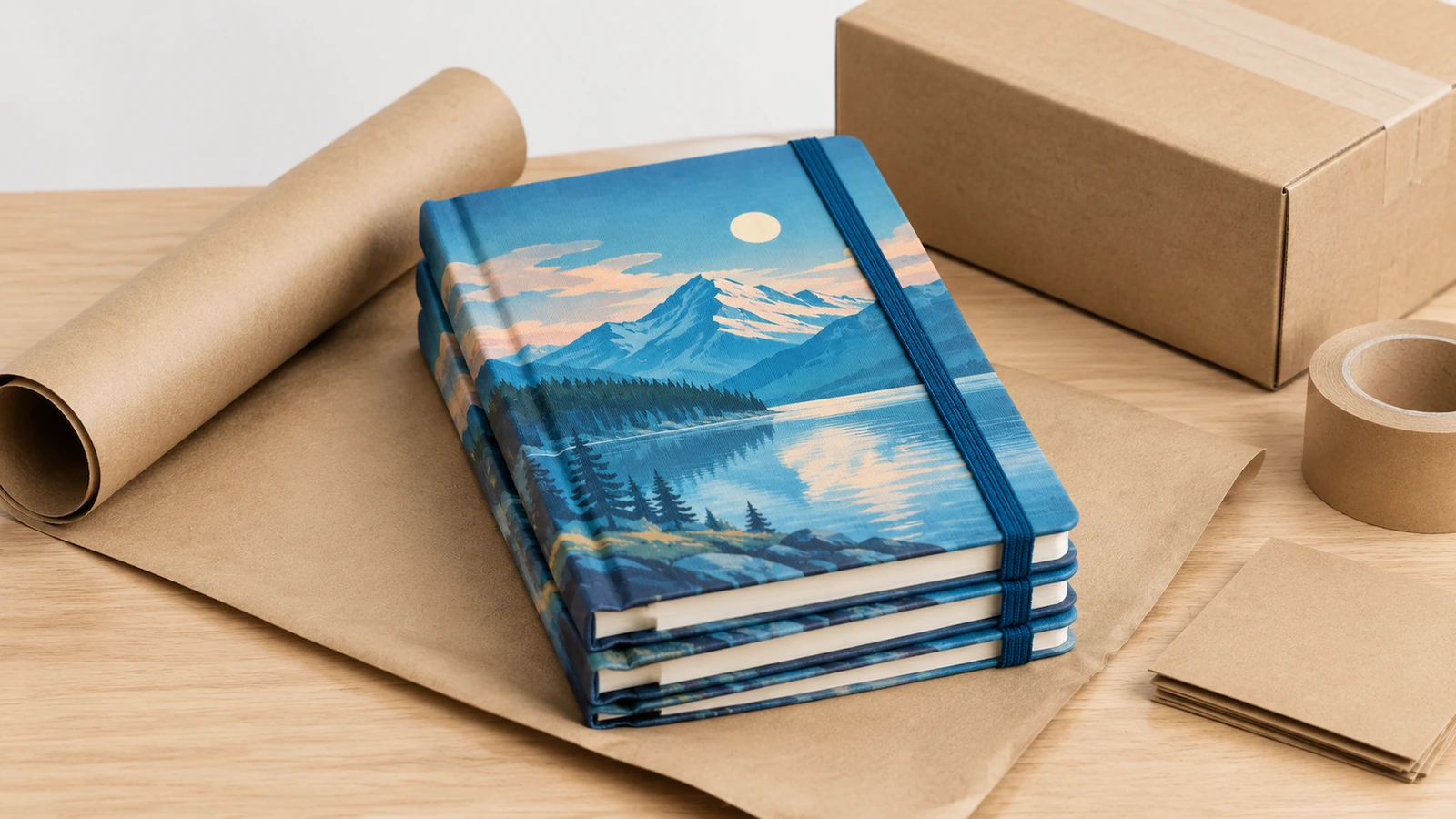 Cadernos empilhados e materiais de embalagem Ilustração de uma pilha de cadernos com paisagem de lago de montanha, ao lado de uma caixa de papelão e papel kraft de embalagem