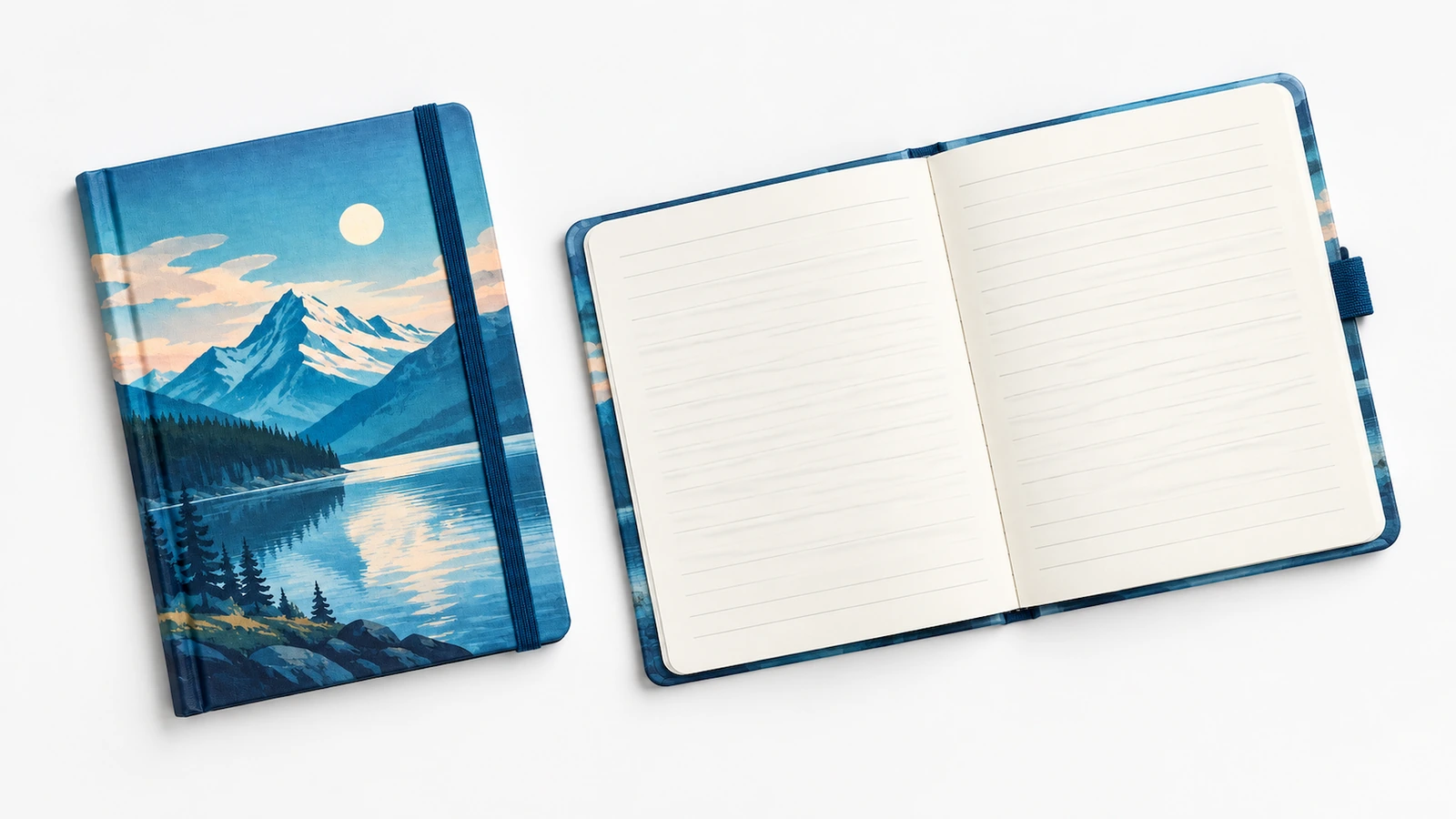 Capa fechada e páginas de escrita pautadas Ilustração de caderno fechado com paisagem de lago de montanha, ao lado de um caderno aberto de folhas pautadas com capa azul