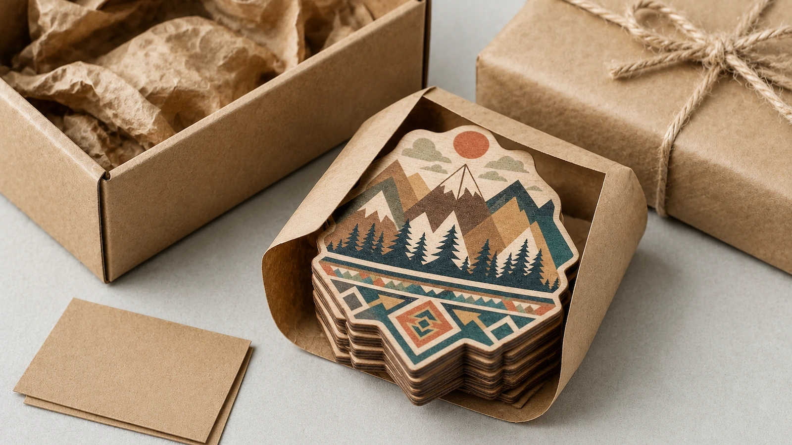 Ilustração de ímãs de madeira empilhados em um envelope de papel kraft ao lado de uma caixa cheia de papel