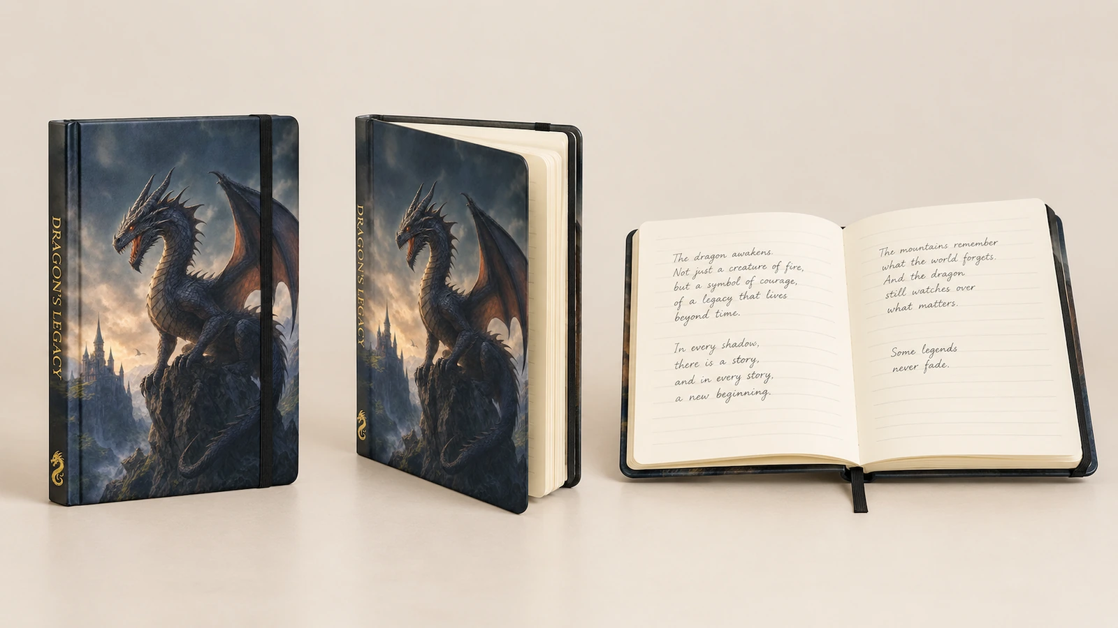 Formato do caderno e páginas escritas à mão Cadernos ilustrativos em pé, parcialmente abertos e abertos, com escrita à mão nas páginas