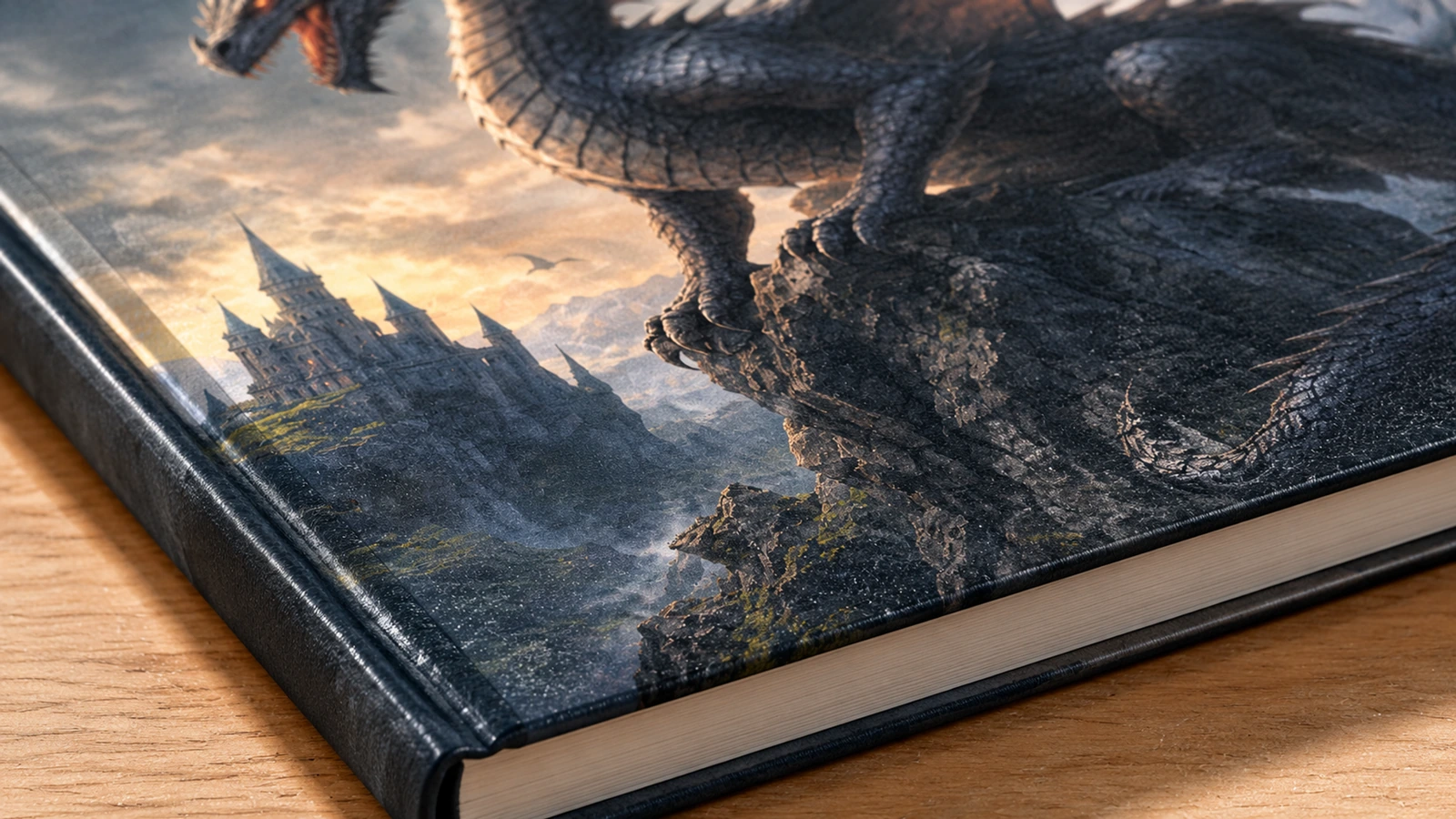 Detalhe da capa e da lombada com dragão Close-up ilustrativo da capa, da lombada e das bordas das páginas de um caderno com estampa de dragão