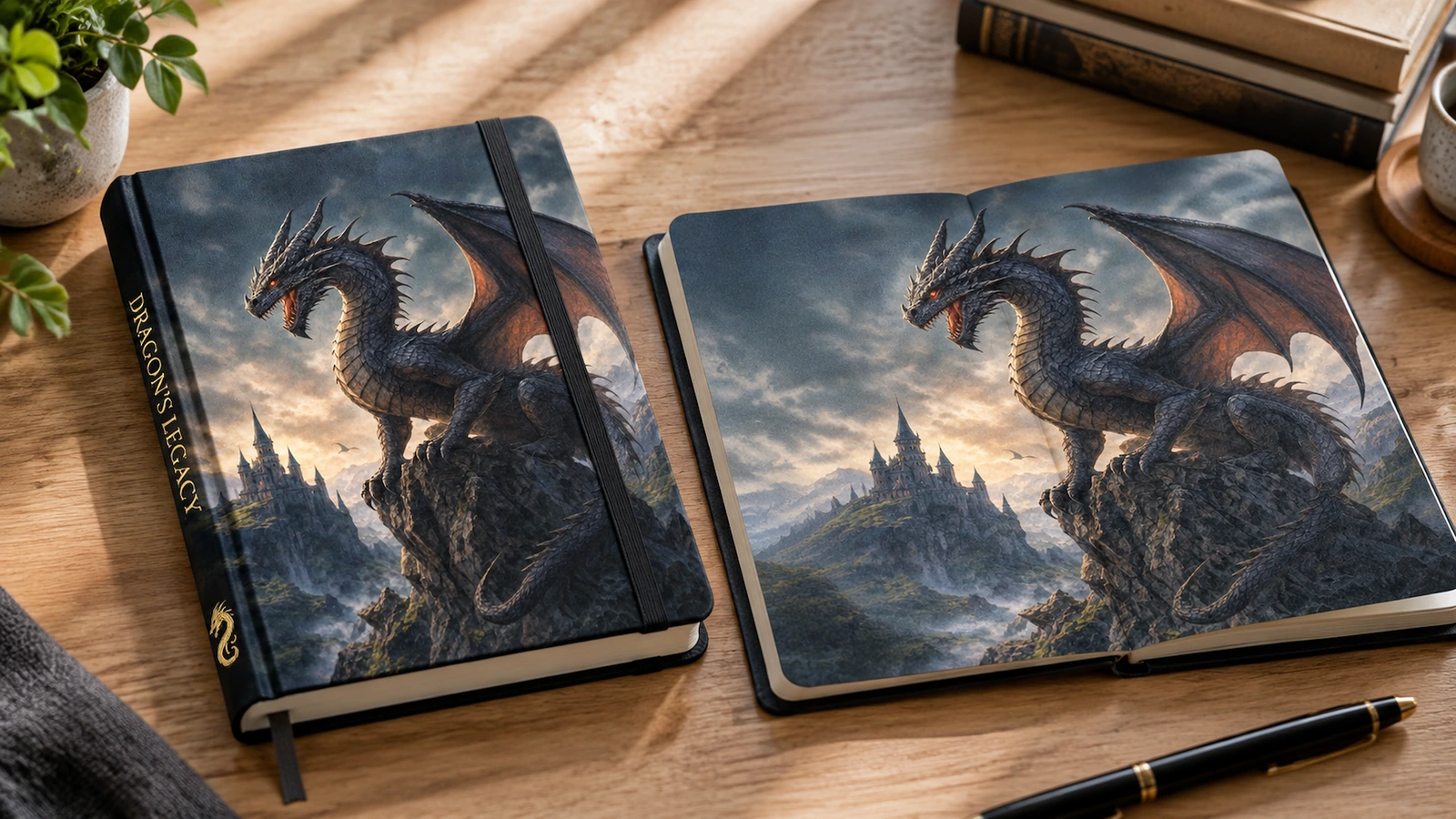 Caderno com dragão e página dupla ilustrada Caderno ilustrativo com design de dragão ao lado de uma página dupla aberta com paisagem e dragão sobre uma mesa de madeira