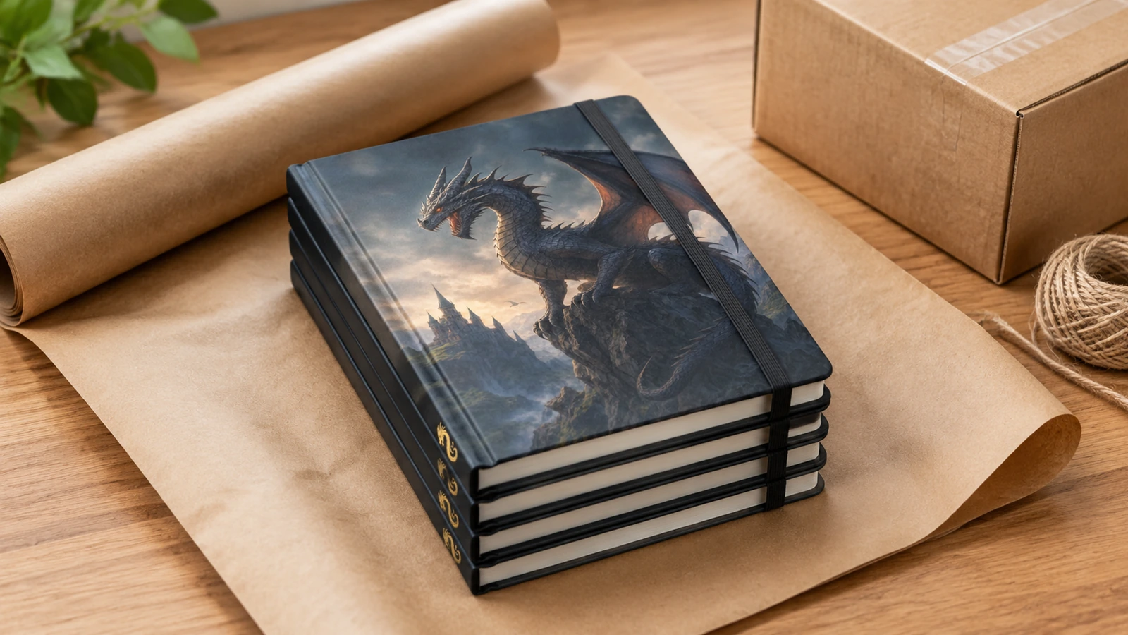 Cadernos com dragão e materiais de embalagem Cadernos ilustrativos empilhados com design de dragão e elásticos, ao lado de uma caixa de papelão e papel kraft